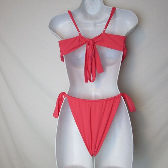 NEW Kittenish Coral Pink Bikini Swim Set Large Padded Tie Cheeky Adjustable - Picture 3 of 6
